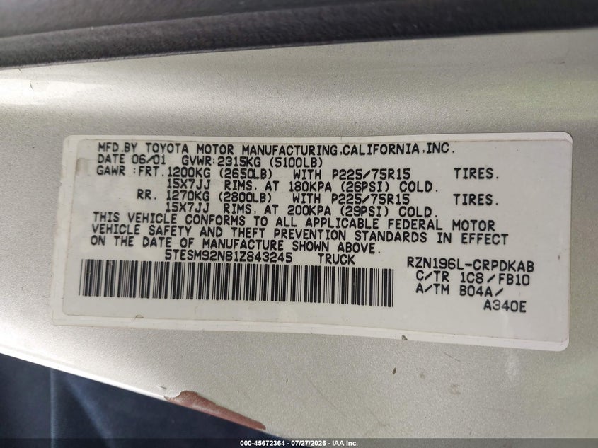 2001 Toyota Tacoma VIN 5TESM92N81Z843245 IAAI salvage auction — SIDE, Salvage (California), sold $3,150 on 2026-08-02 (photo 9)