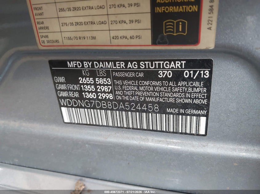 2013 Mercedes-benz S-klasse VIN WDDNG7DB8DA524458 IAAI salvage auction — RIGHT SIDE, Salvage (Arizona), sold $3,550 on 2026-08-03 (photo 9)