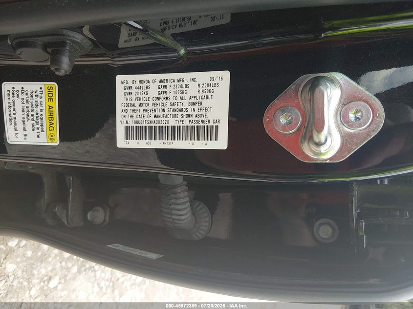 2017 Acura Tlx VIN 19UUB1F5XHA002320 IAAI salvage auction — REAR END, Salvage (Alabama), sold $2,100 on 2026-08-03 (photo 9)
