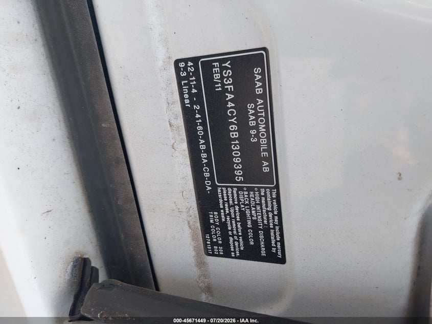 2011 Saab 9-3 VIN YS3FA4CY6B1309395 IAAI salvage auction — NORMAL WEAR, Clear (South Carolina), sold $50 on 2026-07-28 (photo 9)