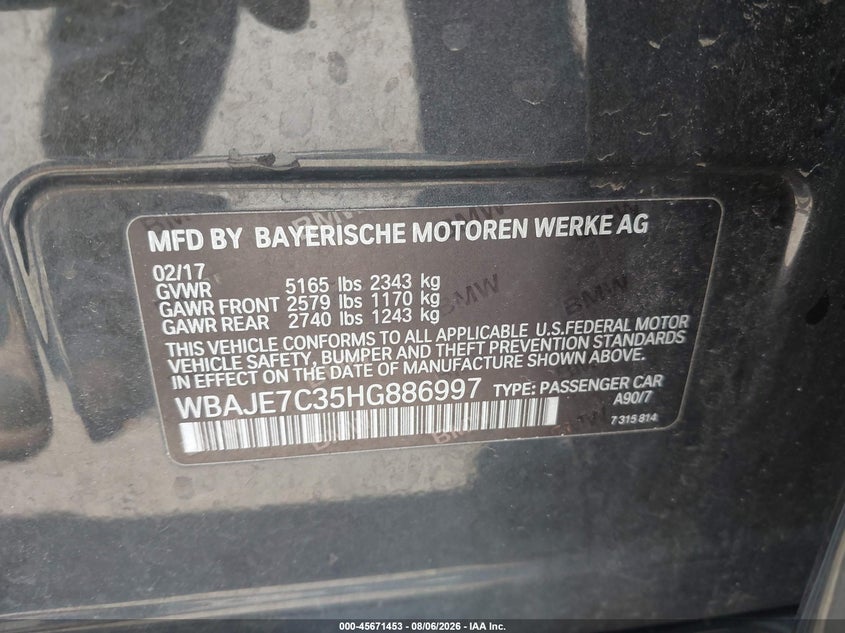 2017 BMW 5er VIN WBAJE7C35HG886997 IAAI salvage auction — HAIL, Salvage (Ohio), sold $5,300 on 2026-08-23 (photo 9)