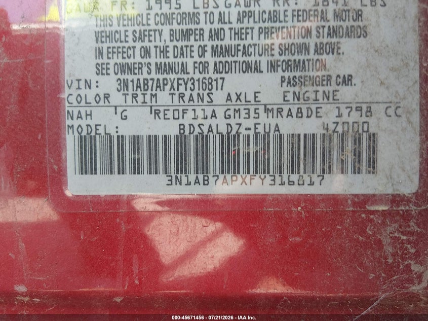2015 Nissan Sentra VIN 3N1AB7APXFY316817 IAAI salvage auction — FRONT & REAR, Salvage (Texas), sold $375 on 2026-08-01 (photo 9)
