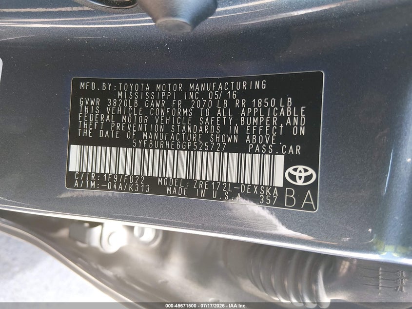 2016 Toyota Corolla VIN 5YFBURHE6GP525727 IAAI salvage auction — REAR END, Salvage Title, sold $3,650 on 2026-08-01 (photo 9)