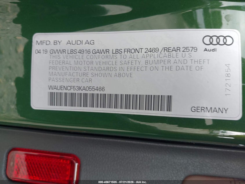 2019 Audi A5 VIN WAUENCF53KA055466 IAAI salvage auction — FRONT END, Salvage (New Jersey), sold $7,250 on 2026-08-18 (photo 9)