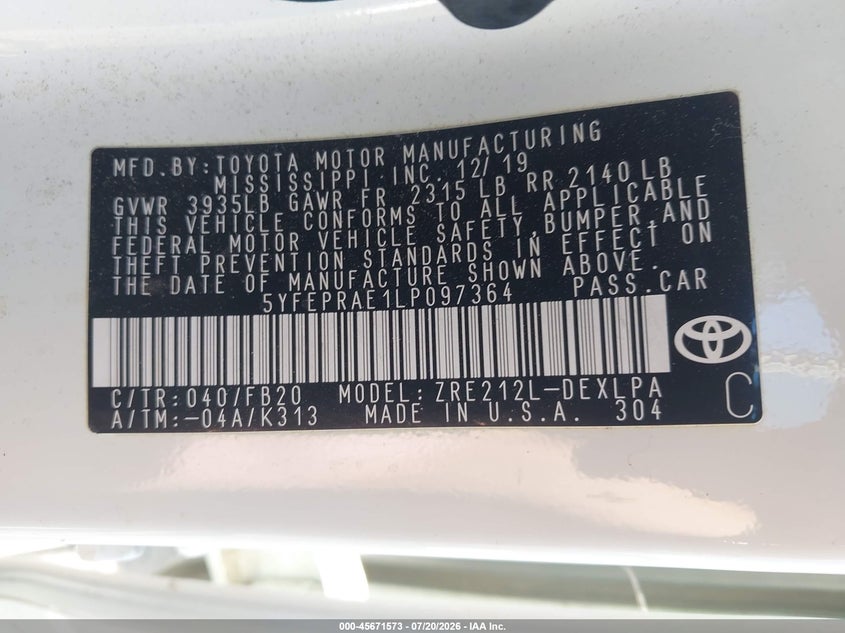 2020 Toyota Corolla VIN 5YFEPRAE1LP097364 IAAI salvage auction — FRONT END, Salvage Title, sold $3,050 on 2026-07-31 (photo 9)