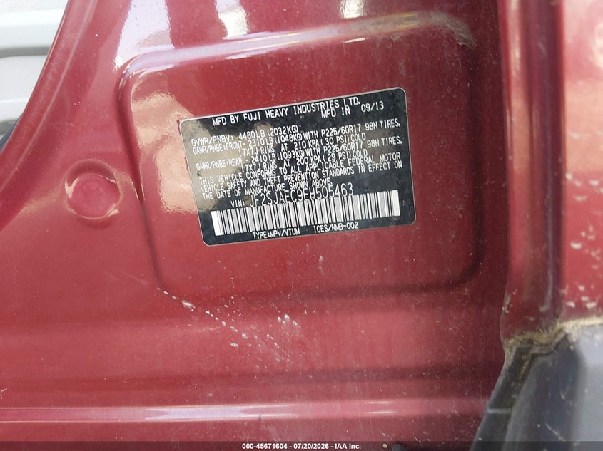 2014 Subaru Forester VIN JF2SJAEC9EH505463 IAAI salvage auction — NORMAL WEAR, Clear (Pennsylvania), sold $225 on 2026-07-30 (photo 9)