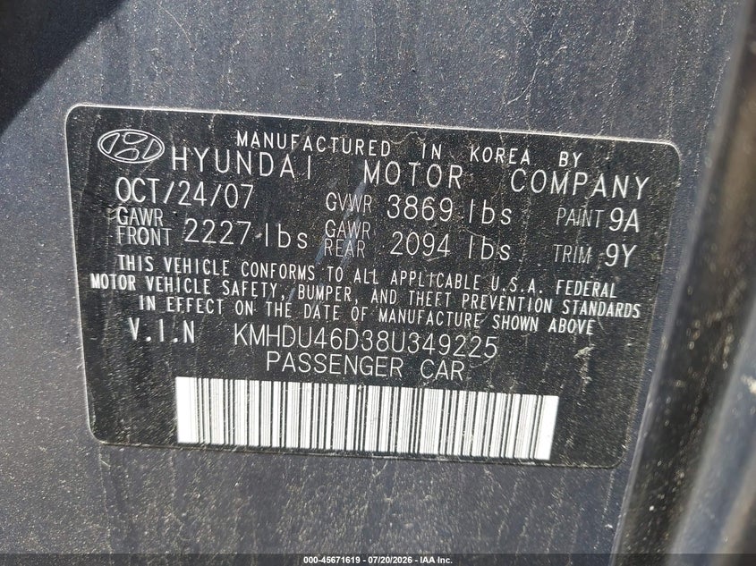 2008 Hyundai Elantra VIN KMHDU46D38U349225 IAAI salvage auction — FRONT END, Clear (Rhode Island), sold $225 on 2026-07-28 (photo 9)
