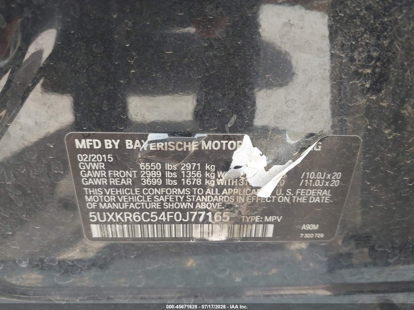 2015 BMW X5 VIN 5UXKR6C54F0J77165 IAAI salvage auction — NORMAL WEAR, Original (Texas), sold $225 on 2026-07-28 (photo 9)