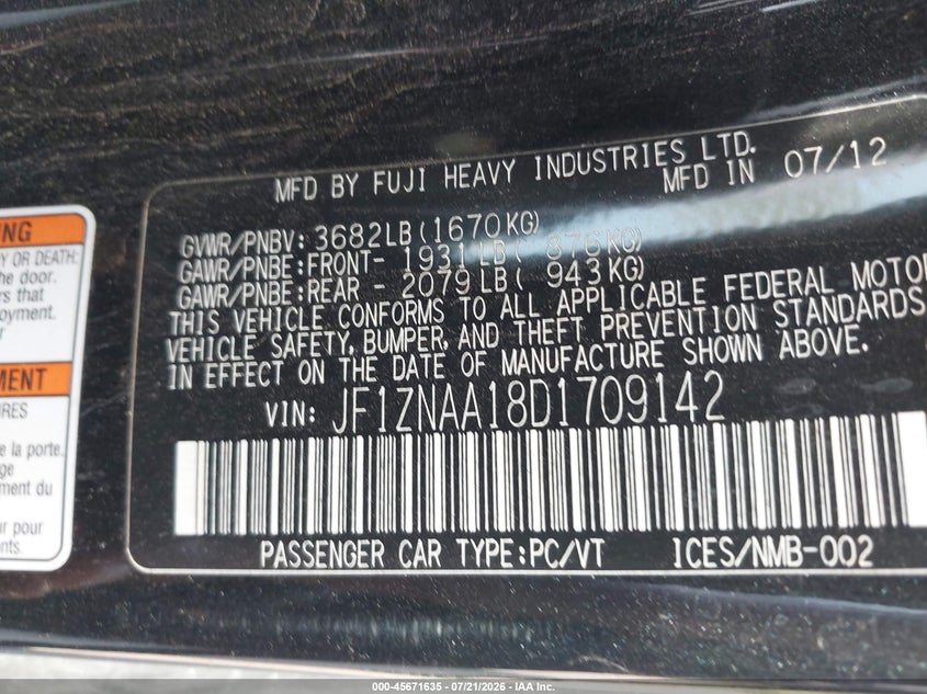 2013 Scion Fr-s VIN JF1ZNAA18D1709142 IAAI salvage auction — NORMAL WEAR, Salvage Title, sold $675 on 2026-09-01 (photo 9)