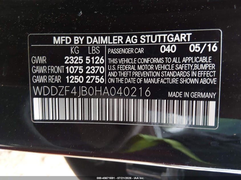 2017 Mercedes-benz E-klasse VIN WDDZF4JB0HA040216 IAAI salvage auction — UNKNOWN, Salvage Title, sold $3,550 on 2026-08-18 (photo 9)
