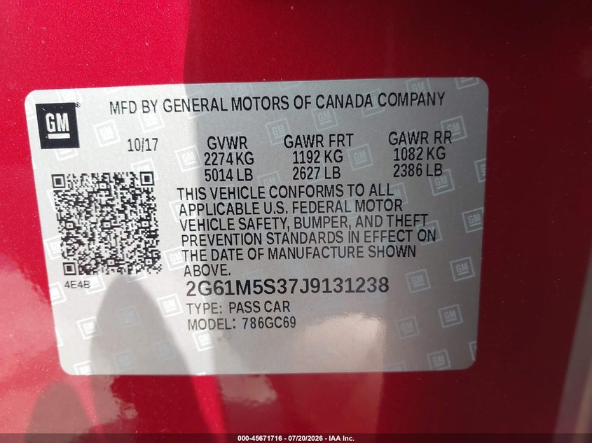 2018 Cadillac Xts VIN 2G61M5S37J9131238 IAAI salvage auction — HAIL, Salvage (Ohio), sold $5,900 on 2026-07-25 (photo 9)