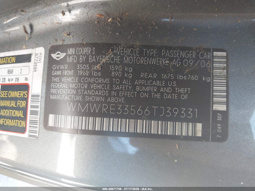 2006 Mini Cooper VIN WMWRE33566TJ39331 IAAI salvage auction — NORMAL WEAR, Clear - Dealer Only (California), sold $525 on 2026-08-15 (photo 9)