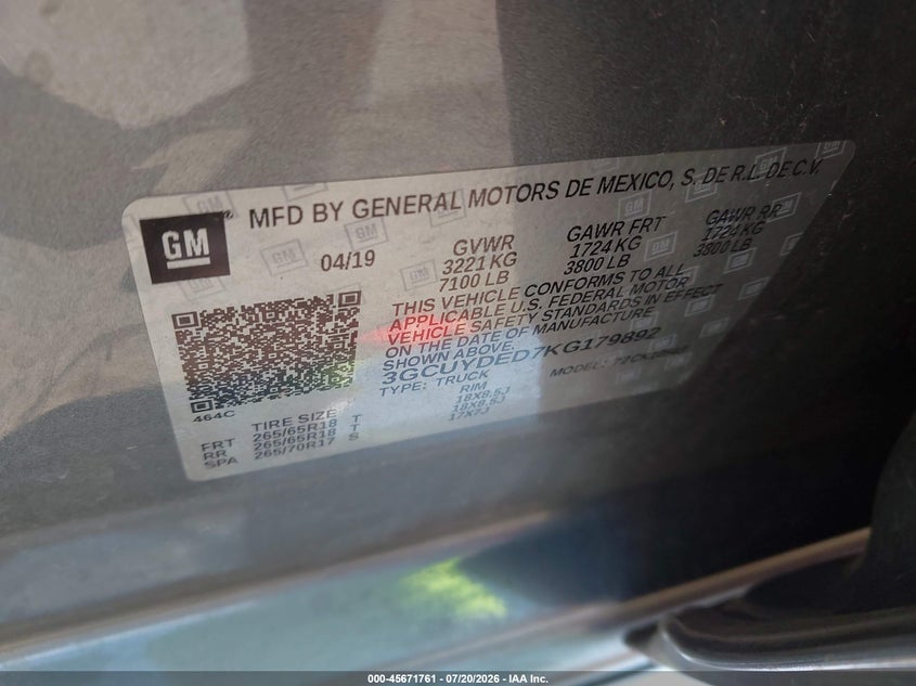 2019 Chevrolet Silverado VIN 3GCUYDED7KG179892 IAAI salvage auction — LEFT FRONT, Salvage Title, sold $9,900 on 2026-07-31 (photo 9)