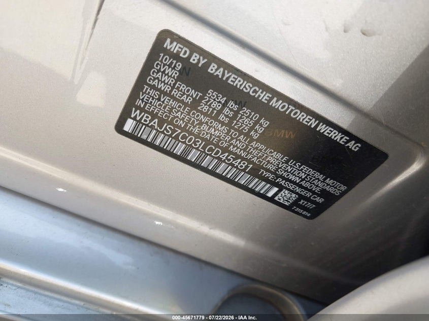 2020 BMW 5er VIN WBAJS7C03LCD45481 IAAI salvage auction — WATER/FLOOD, Wait Title, sold $14,600 on 2026-08-05 (photo 9)
