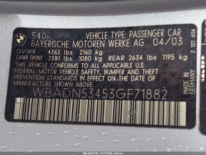 2003 BMW 5 series VIN WBADN53453GF71882 IAAI salvage auction — NORMAL WEAR, Salvage (Florida), sold $2,350 on 2026-07-30 (photo 9)