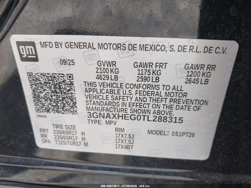 2026 Chevrolet Equinox VIN 3GNAXHEG0TL288315 IAAI salvage auction — LEFT REAR, Clear (Florida), sold $7,600 on 2026-07-29 (photo 9)