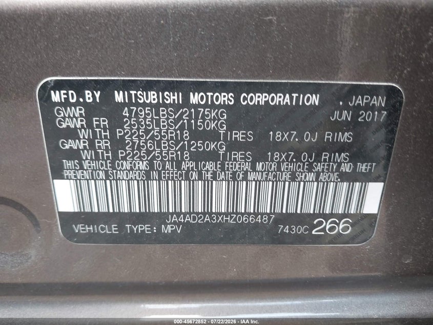 2017 Mitsubishi Outlander VIN JA4AD2A3XHZ066487 IAAI salvage auction — NORMAL WEAR, Clear (Illinois), sold $2,350 on 2026-08-01 (photo 9)