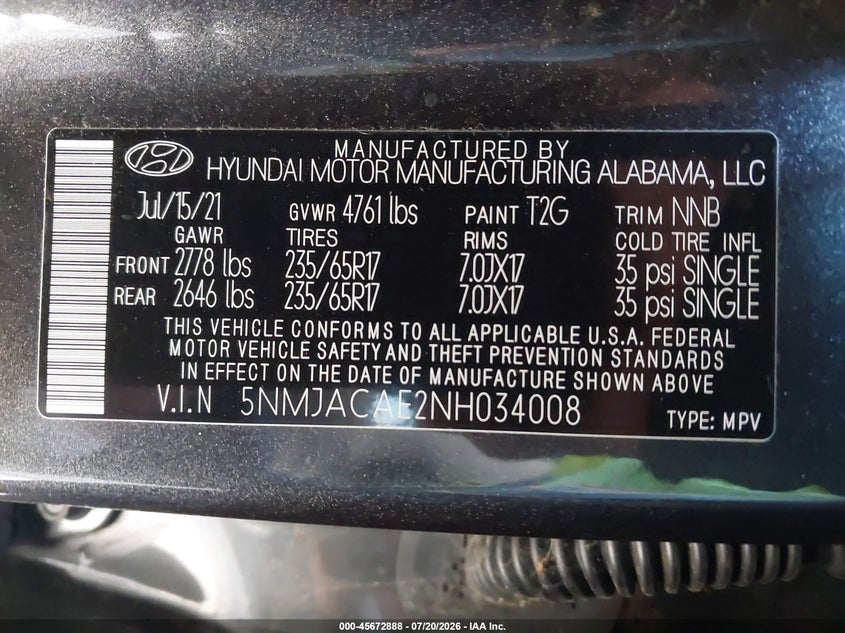 2022 Hyundai Tucson VIN 5NMJACAE2NH034008 IAAI salvage auction — ROOF, Salvage (California), sold $4,750 on 2026-07-29 (photo 9)