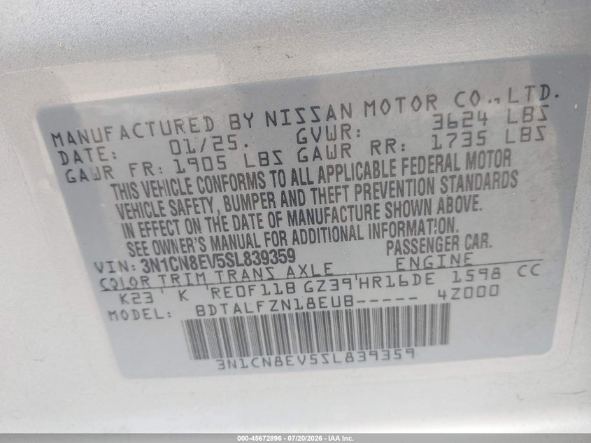 2025 Nissan Versa VIN 3N1CN8EV5SL839359 IAAI salvage auction — FRONT END, Wait Title, sold $9,800 on 2026-08-05 (photo 9)