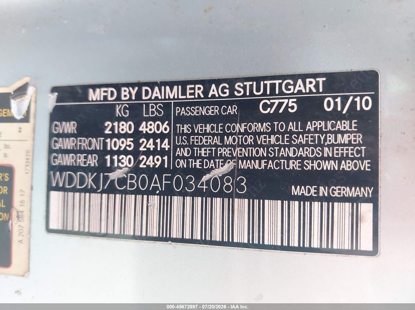 2010 Mercedes-benz E-class VIN WDDKJ7CB0AF034083 IAAI salvage auction — NORMAL WEAR, Clear (Virginia), sold $825 on 2026-08-12 (photo 9)