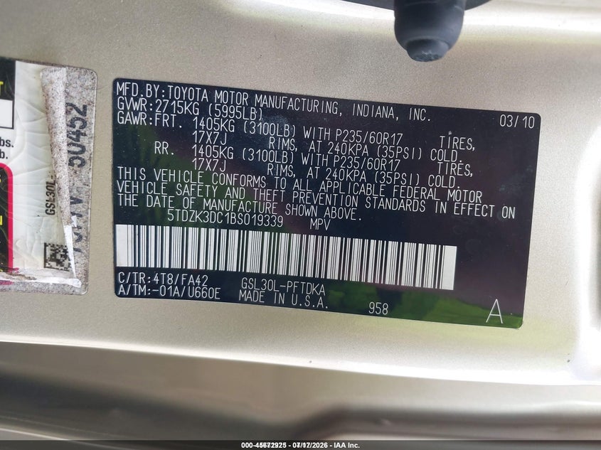 2011 Toyota Sienna VIN 5TDZK3DC1BS019339 IAAI salvage auction — TRANSMISSION, Clear (Florida), sold $175 on 2026-07-29 (photo 9)