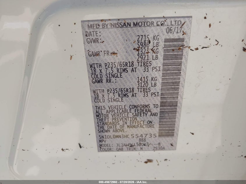 2017 Infiniti Qx60 VIN 5N1DL0MN3HC554735 IAAI salvage auction — WATER/FLOOD, Wait Title, sold $2,650 on 2026-09-14 (photo 9)