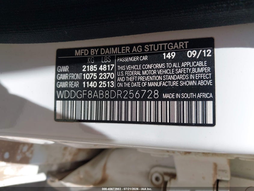2013 Mercedes-benz C-klasse VIN WDDGF8AB8DR256728 IAAI salvage auction — NORMAL WEAR, Original (Texas), sold $700 on 2026-08-21 (photo 9)