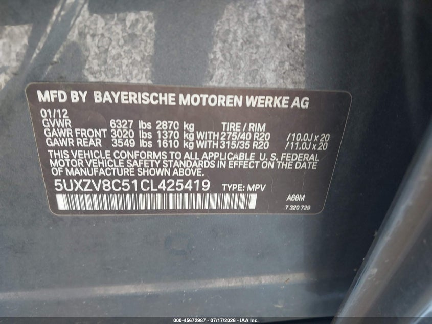 2012 BMW X5 VIN 5UXZV8C51CL425419 IAAI salvage auction — NORMAL WEAR, Clear - Dealer Only (California), sold $25 on 2026-07-29 (photo 9)