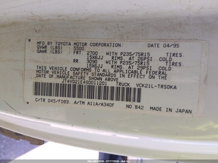 1995 Toyota T100 VIN JT4VD21E4S0011201 IAAI salvage auction — NORMAL WEAR, Clear (Colorado), sold $1,100 on 2026-07-24 (photo 9)