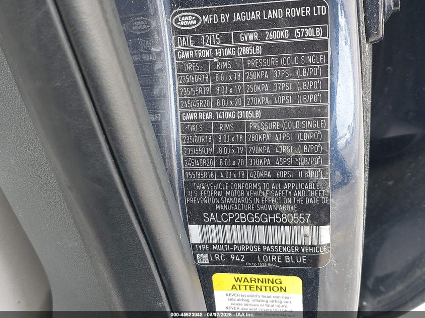 2016 Land rover Discovery sport VIN SALCP2BG5GH580557 IAAI salvage auction — MECHANICAL, Clear (Florida), sold $25 on 2026-07-29 (photo 9)