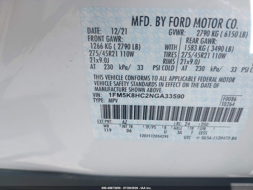 2022 Ford Explorer VIN 1FM5K8HC2NGA33590 IAAI salvage auction — FRONT & REAR, Wait Title, sold $9,675 on 2026-08-22 (photo 9)
