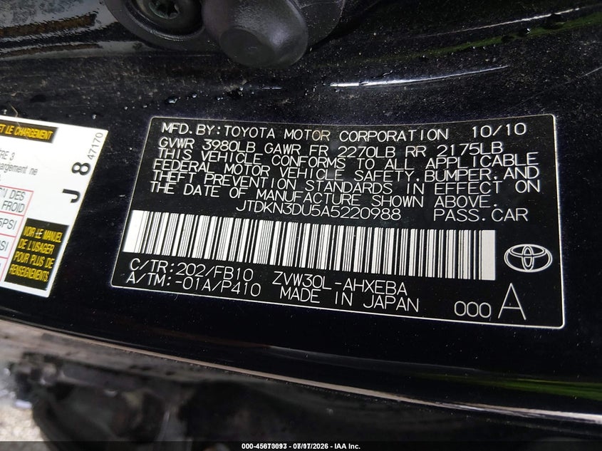2010 Toyota Prius VIN JTDKN3DU5A5220988 IAAI salvage auction — FRONT END, Clear (Virginia), sold $625 on 2026-07-29 (photo 9)