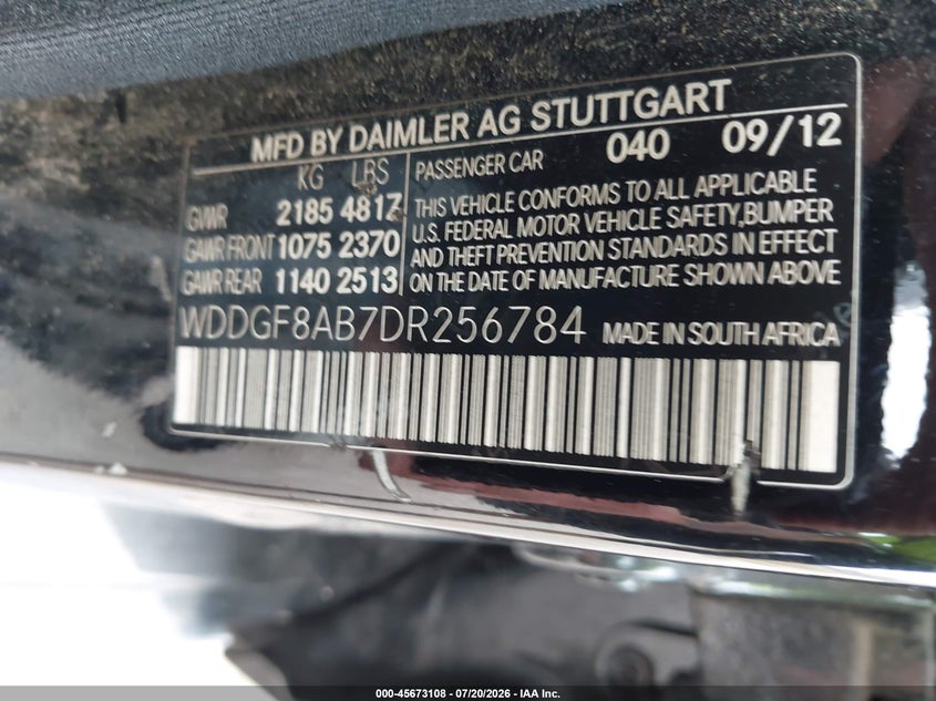 2013 Mercedes-benz C-klasse VIN WDDGF8AB7DR256784 IAAI salvage auction — NORMAL WEAR, Clear (Virginia), sold $925 on 2026-08-06 (photo 9)