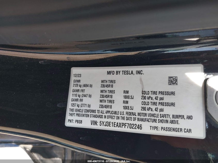 2023 Tesla Model 3 VIN 5YJ3E1EAXPF702246 IAAI salvage auction — RIGHT FRONT, Clear (Oklahoma), sold $7,400 on 2026-10-09 (photo 9)