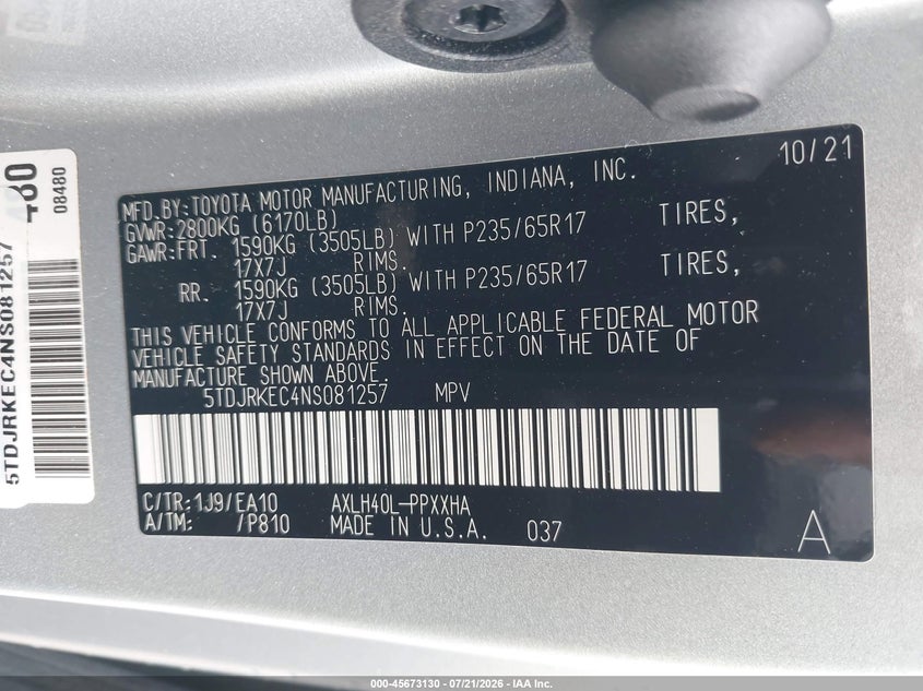 2022 Toyota Sienna VIN 5TDJRKEC4NS081257 IAAI salvage auction — SIDE, Wait Title, sold $24,000 on 2026-08-20 (photo 9)
