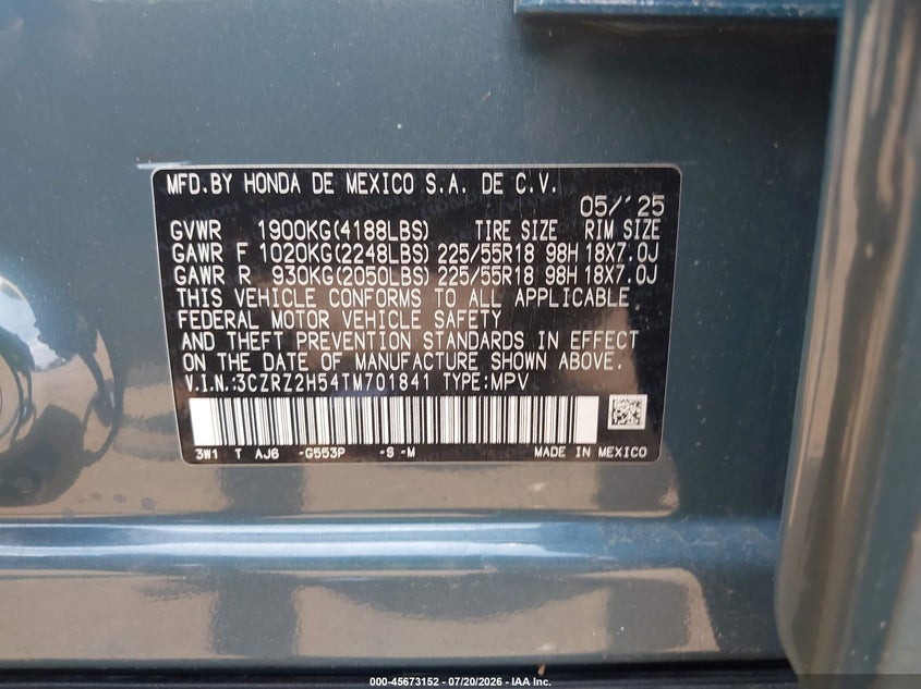 2026 Honda Hr-v VIN 3CZRZ2H54TM701841 IAAI salvage auction — FRONT END, Wait Title, sold $9,350 on 2026-08-20 (photo 9)