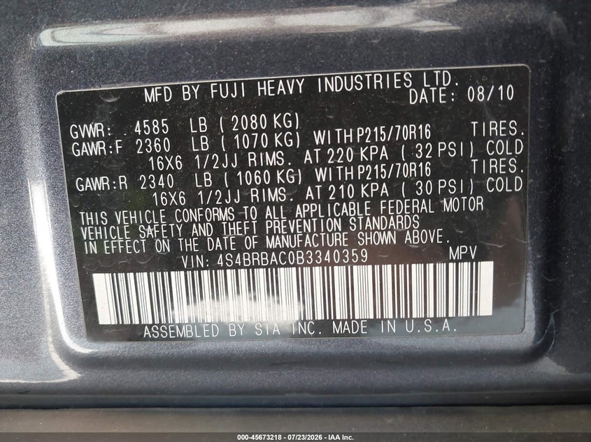 2011 Subaru Outback VIN 4S4BRBAC0B3340359 IAAI salvage auction — LEFT & RIGHT, Bill Of Sale (Washington), sold $1,550 on 2026-08-03 (photo 9)