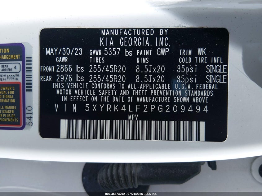 2023 Kia Sorento VIN 5XYRK4LF2PG209494 IAAI salvage auction — LEFT REAR, Salvage Title, sold $13,400 on 2026-09-02 (photo 9)