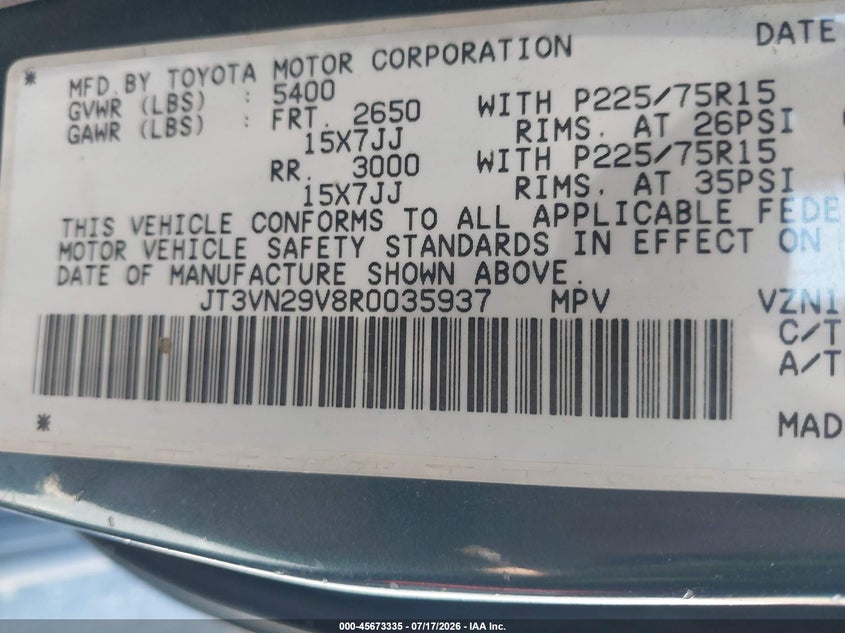 1994 Toyota 4runner VIN JT3VN29V8R0035937 IAAI salvage auction — NORMAL WEAR, Clear - Dealer Only (California), sold $1,625 on 2026-07-29 (photo 9)