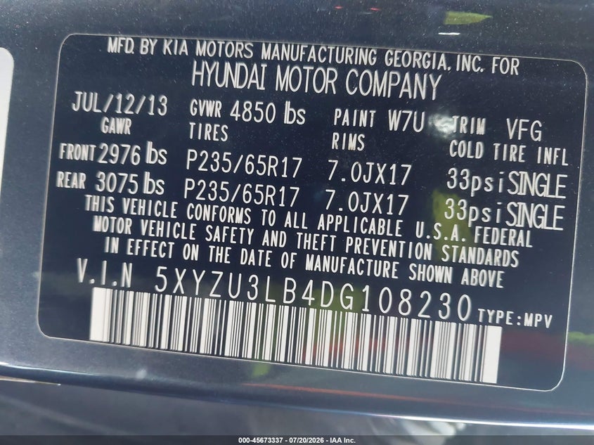 2013 Hyundai Santa fe VIN 5XYZU3LB4DG108230 IAAI salvage auction — NORMAL WEAR, Original (Texas), sold $1,550 on 2026-07-29 (photo 9)