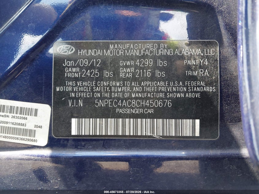 2012 Hyundai Sonata VIN 5NPEC4AC8CH450676 IAAI salvage auction — REAR END, Rebuildable (Florida), sold $25 on 2026-07-29 (photo 9)
