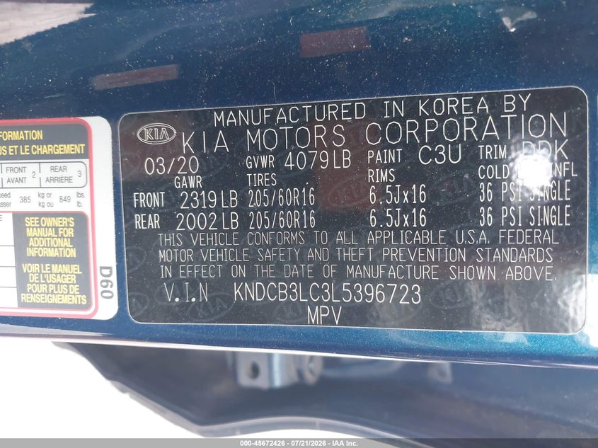 2020 Kia Niro VIN KNDCB3LC3L5396723 IAAI salvage auction — NORMAL WEAR, Clear (Georgia), sold $1,150 on 2026-07-28 (photo 9)