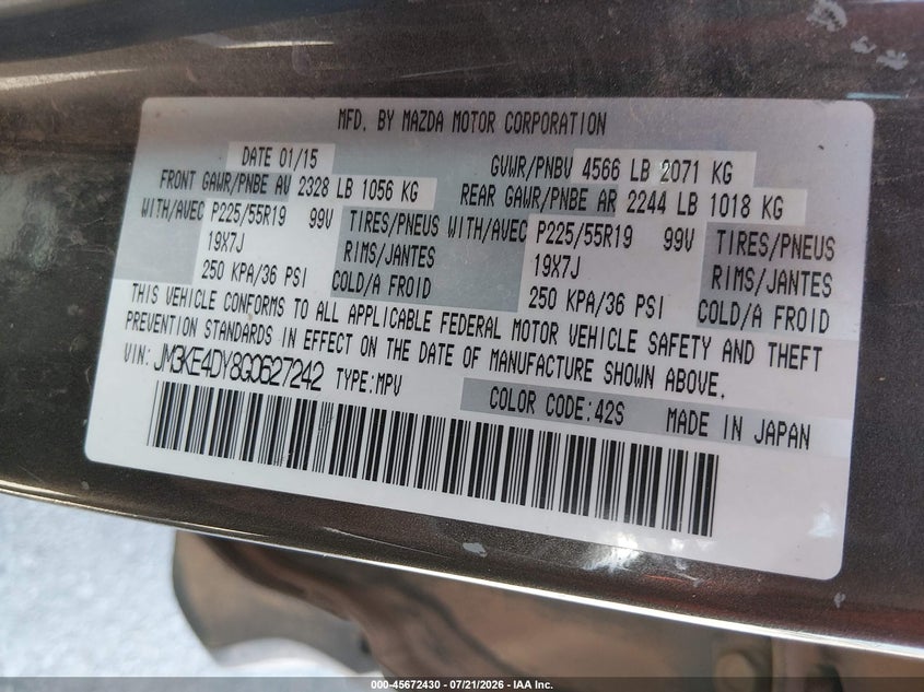 2016 Mazda Cx-5 VIN JM3KE4DY8G0627242 IAAI salvage auction — NORMAL WEAR, Clear (Kansas), sold $2,150 on 2026-07-31 (photo 9)