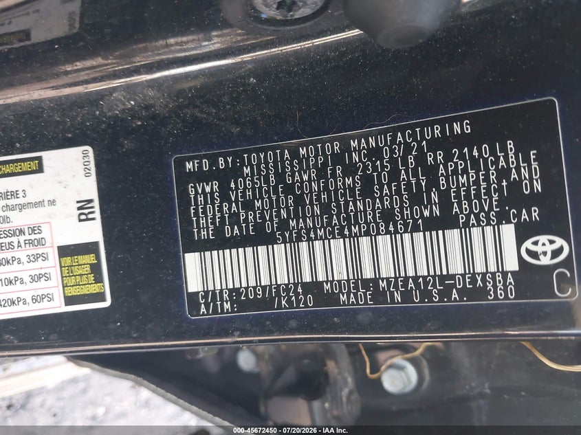 2021 Toyota Corolla VIN 5YFS4MCE4MP084671 IAAI salvage auction — NORMAL WEAR, Clear (Florida), sold $2,250 on 2026-07-28 (photo 9)