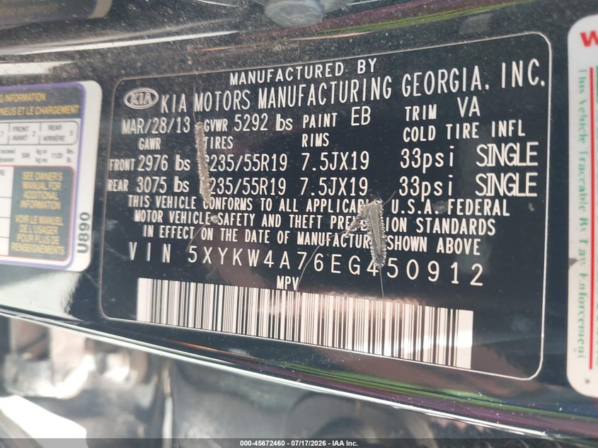 2014 Kia Sorento VIN 5XYKW4A76EG450912 IAAI salvage auction — NORMAL WEAR, Original (Texas), sold $825 on 2026-07-28 (photo 9)