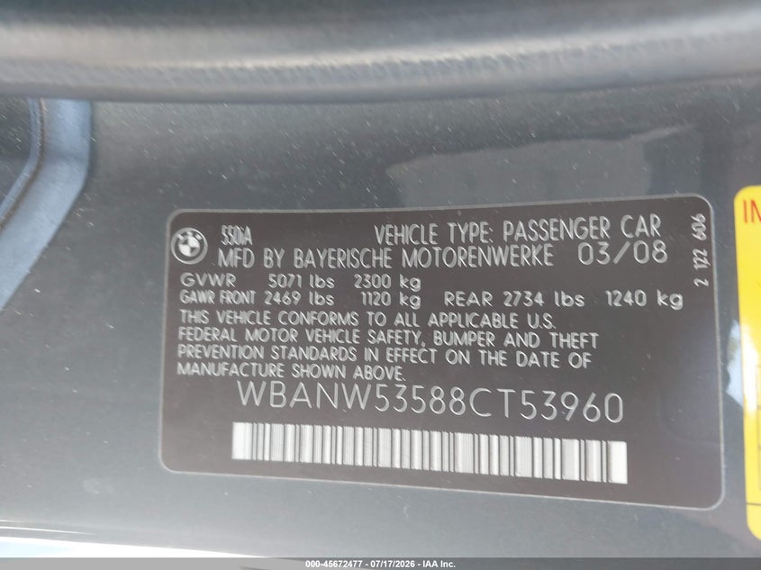 2008 BMW 5 series VIN WBANW53588CT53960 IAAI salvage auction — NORMAL WEAR, Clear - Dealer Only (California), sold $25 on 2026-07-29 (photo 9)