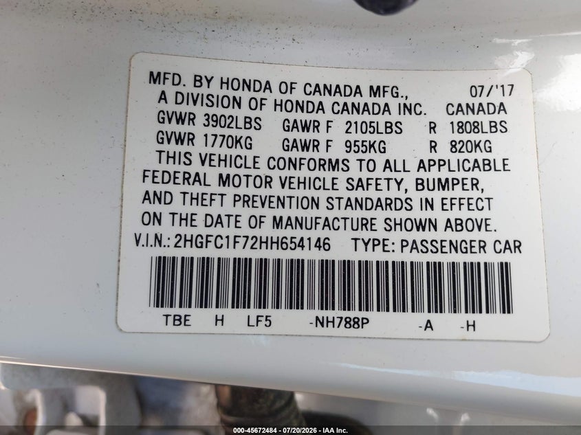 2017 Honda Civic VIN 2HGFC1F72HH654146 IAAI salvage auction — REAR END, Salvage (Idaho), sold $2,900 on 2026-07-31 (photo 9)