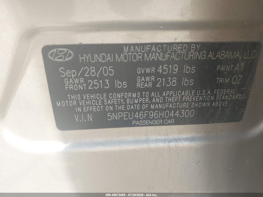 2006 Hyundai Sonata VIN 5NPEU46F96H044300 IAAI salvage auction — LEFT FRONT, Clear (New York), sold $625 on 2026-07-28 (photo 9)