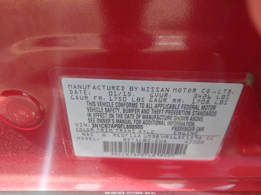 2015 Nissan Versa VIN 3N1CN7AP0FL898505 IAAI salvage auction — FRONT & REAR, Salvage (California), sold $875 on 2026-07-29 (photo 9)