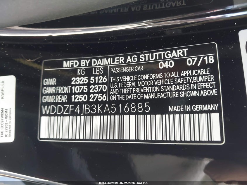 2019 Mercedes-benz E-klasse VIN WDDZF4JB3KA516885 IAAI salvage auction — WATER/FLOOD, Rebuildable (Florida), sold $4,700 on 2026-08-20 (photo 9)